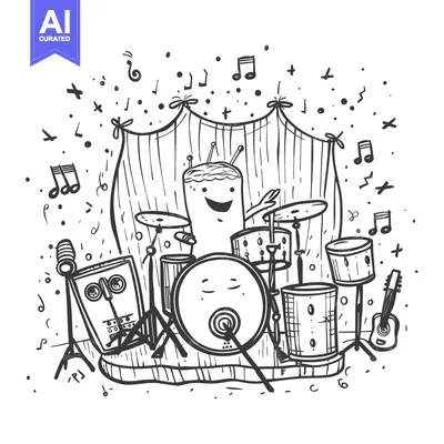 Premium design asset: A Cartoon Character Playing a Drum Set With a Guitar and Microphone