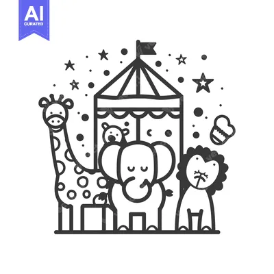 Aset premium populer: A Cartoon Circus Tent with a Giraffe, Elephant, and Lion