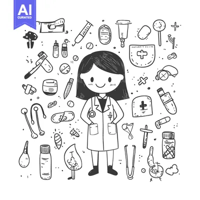 A Cartoon Doctor Surrounded by Medical Supplies and Equipment