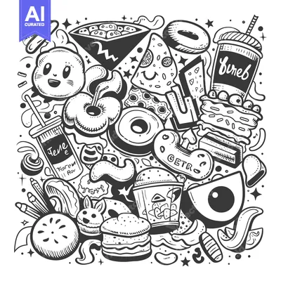 Popular premium asset: A Cartoon Doodle of Various Food and Drink Items