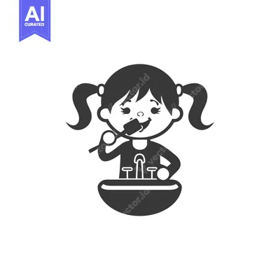 A cartoon girl brushing her teeth in a bathroom sink