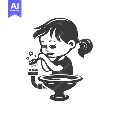 A cartoon girl brushing her teeth in a sink