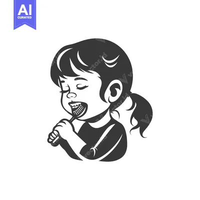 Aset desain premium: A cartoon girl brushing her teeth with a toothbrush