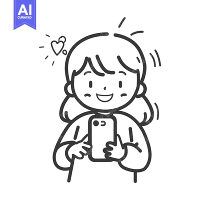 A cartoon girl holding a smartphone, smiling with a heart above her he