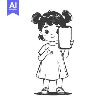 Aset desain premium: A Cartoon Girl Holding Up A Smartphone With A Blank Screen