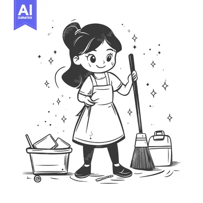 A Cartoon Girl in an Apron Holding a Broom with a Bucket of Cleaning S
