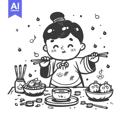A Cartoon Girl in Traditional Clothes Eating with Chopsticks