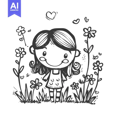Popular premium asset: A Cartoon Girl Smiling Surrounded by Flowers and Hearts