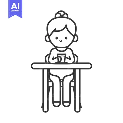 Aset desain premium: A cartoon girl with a bun sitting at a table holding a cup