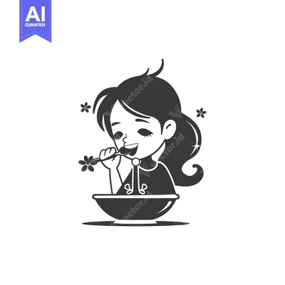 Aset desain premium: A Cartoon Girl with a Spoon Eating from a Bowl