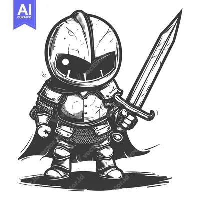 Aset desain premium: A Cartoon Illustration of a Chibi Knight Holding a Sword