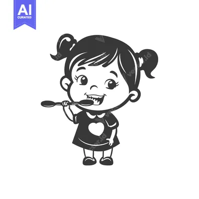 Aset desain premium: A Cartoon Illustration of a Girl Brushing Her Teeth