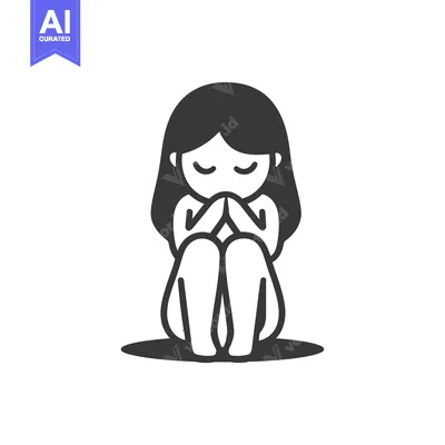 Aset desain premium: A Cartoon Illustration of a Girl with Her Hands Together, Sitting with