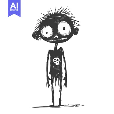 Aset desain premium: A Cartoon Illustration of a Sketchy Zombie with a Skull on Its Chest