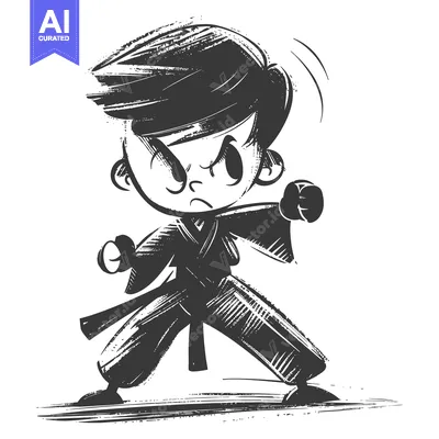 A cartoon illustration of a young boy practicing martial arts.