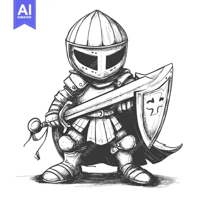 Aset premium populer: A Cartoon Knight Standing in Full Armor, Holding a Sword and Shield