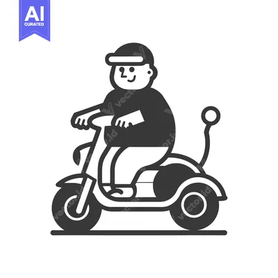 Aset desain premium: A cartoon man in a cap riding a small, rounded motorcycle