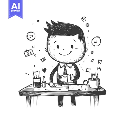 A cartoon man smiling at a desk with various office supplies