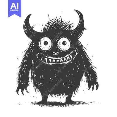 Aset desain premium: A Cartoon Monster with Horns, Fur, and a Big Grin