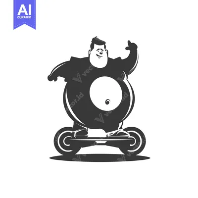 Premium design asset: A cartoon of a happy, overweight man riding a hoverboard