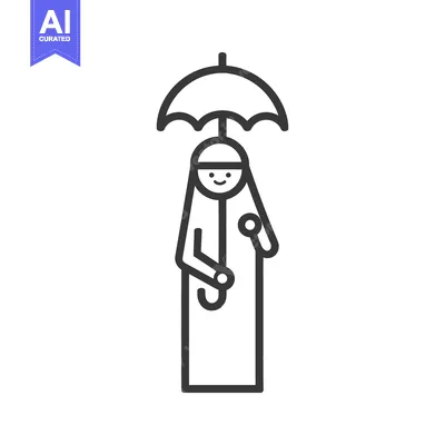 Premium design asset: A cartoon person wearing a headscarf holding an umbrella