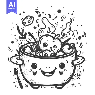 Aset desain premium: A Cartoon Pot Filled with Ingredients, Smiling and Steaming