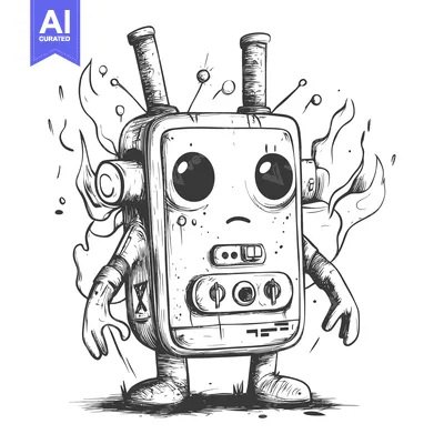 Aset desain premium: A Cartoon Sketch of a Sentient Robot with Big Eyes