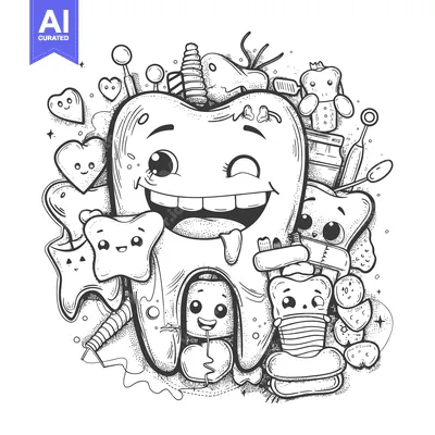 Aset premium populer: A Cartoon Tooth Surrounded by Dental Care Items and Hearts