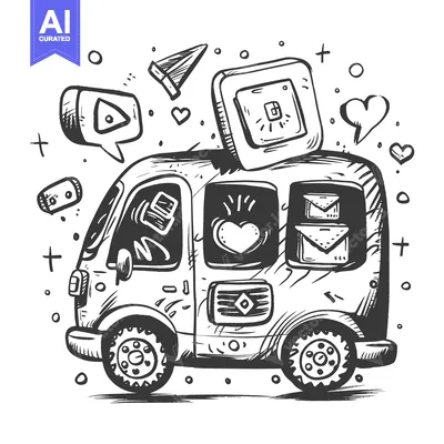 Aset desain premium: A Cartoon Van With Decorative Elements On Its Roof