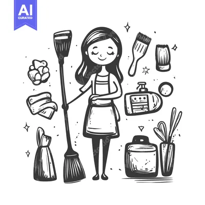 Aset desain premium: A Cartoon Woman Holding a Broom With Various Cleaning Supplies