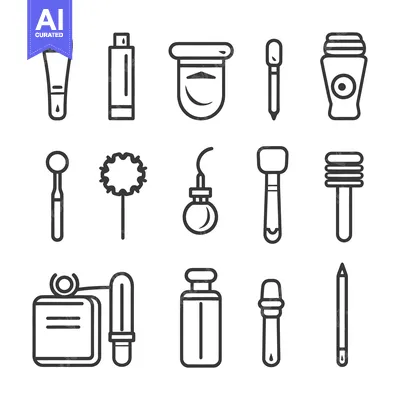 Monochrome drawings of beauty and cosmetic tools and equipment