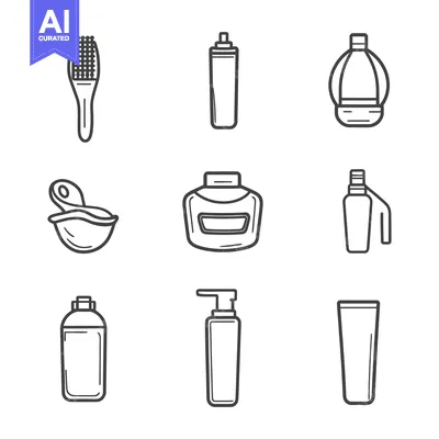 Aset premium populer: Various bathroom and beauty products arranged in grid format