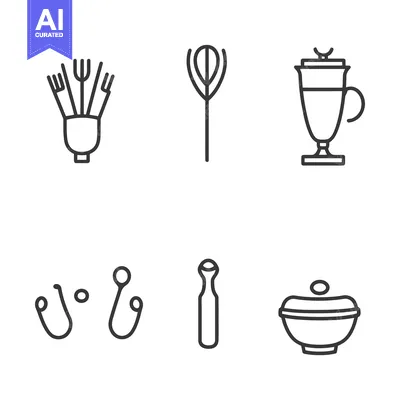 Aset desain premium: Simple line drawings depicting kitchen utensils and a beverage contain