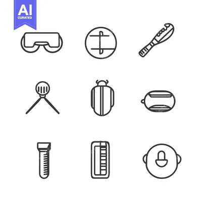 Black and white line drawings of various objects and insects
