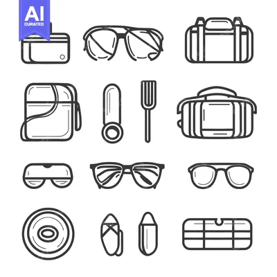Aset premium populer: Collection of black outlined objects depicting everyday accessories an