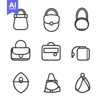 Different simple outlines of various handbag types and shapes displaye