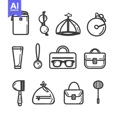 Aset premium populer: Outlined graphic icons depicting everyday objects and accessories in b