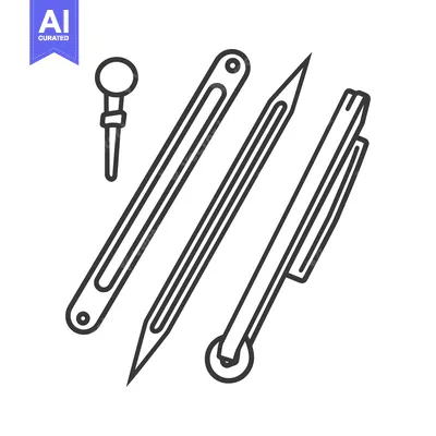 A line drawing depiction of various writing and drawing tools