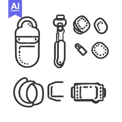 Aset desain premium: Various tools and accessories depicted with simple black line art