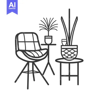 Aset desain premium: A Chair, Two Plants, and Two Tables in a Minimalist Style