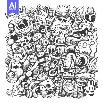 Premium design asset: A chaotic and colorful collection of whimsical creatures and abstract
