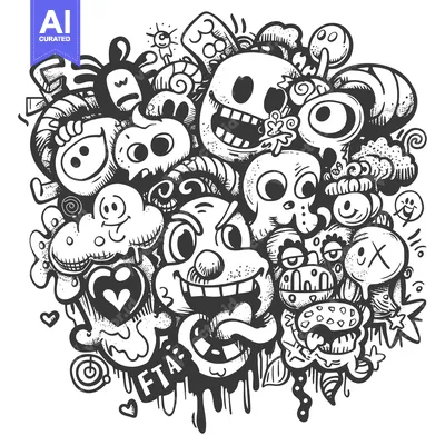 Aset premium populer: A chaotic and whimsical doodle of cartoon creatures and symbols.