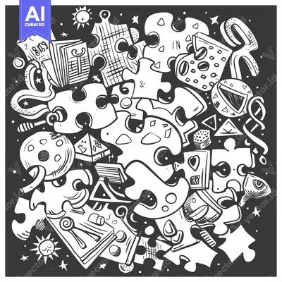 Aset desain premium: A chaotic arrangement of puzzle pieces, geometric shapes, and celestia