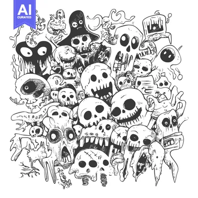 Premium design asset: A chaotic arrangement of various skulls and spooky characters