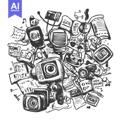 Aset desain premium: A chaotic arrangement of vintage audio and video recording devices