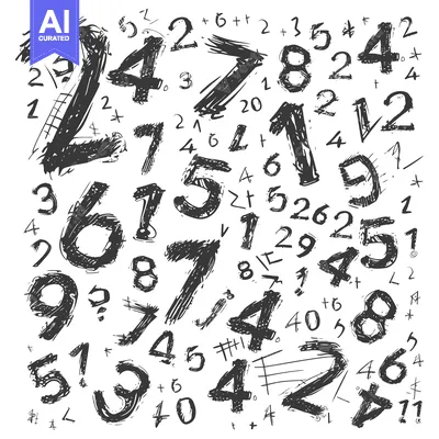 Aset desain premium: A chaotic collection of hand-drawn numbers in black ink on a white bac
