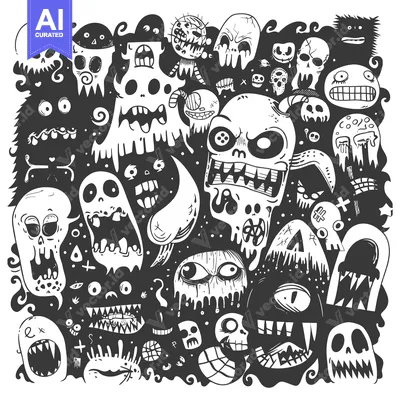 Aset desain premium: A chaotic pattern of hand-drawn spooky faces and skulls