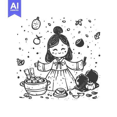Popular premium asset: A cheerful girl in a traditional Korean hanbok cooking a pot of food w