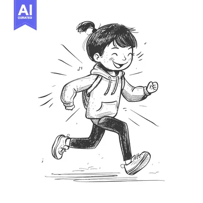 Premium design asset: A cheerful young girl with a backpack runs with a smile.