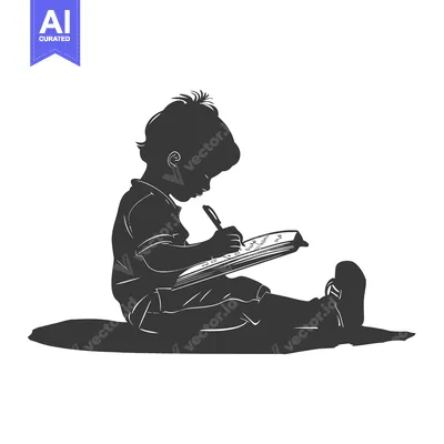 A child's silhouette writing in a book